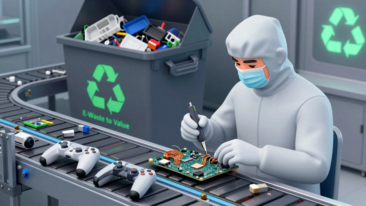 A technician in a cleanroom disassembling a broken console, with parts being recycled on a conveyor belt.
