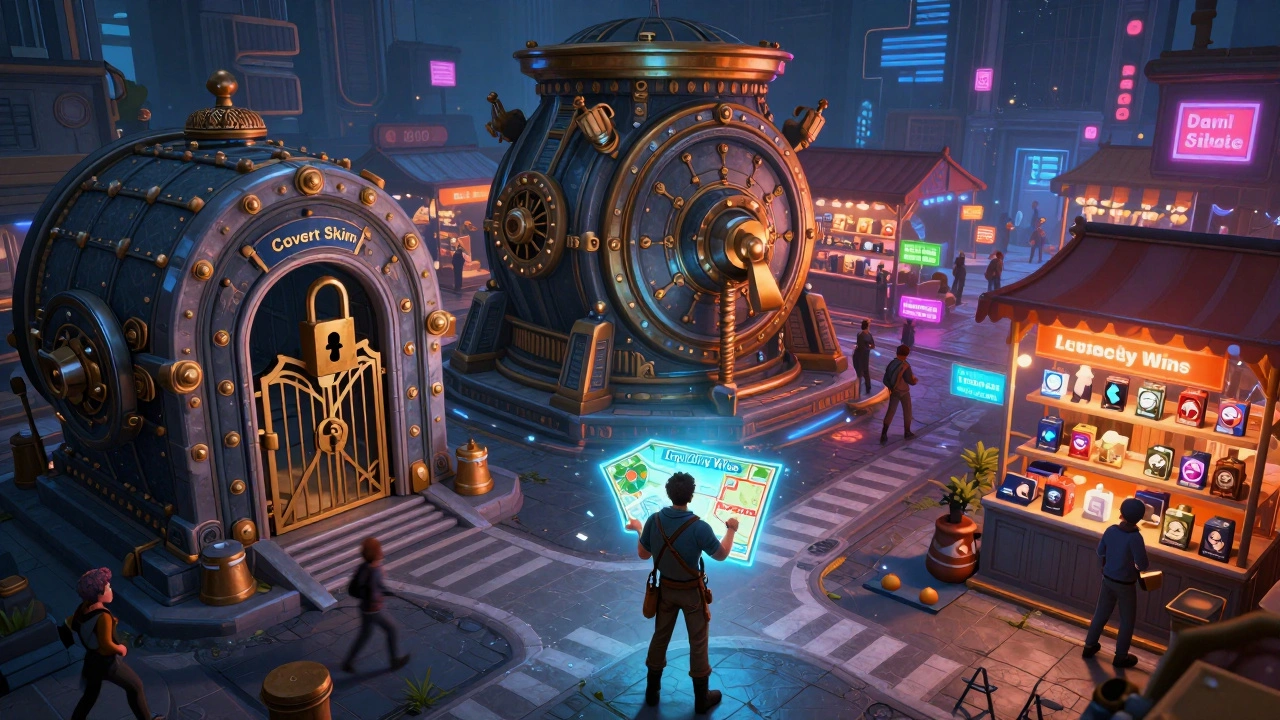 A trader choosing between a locked rare item vault and a bustling marketplace filled with liquid game assets.