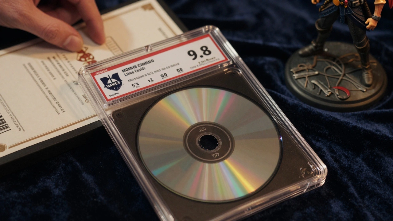 A Wata Games 9.8 graded video game in protective slab with numbered certificate and Elden Ring figurine nearby.