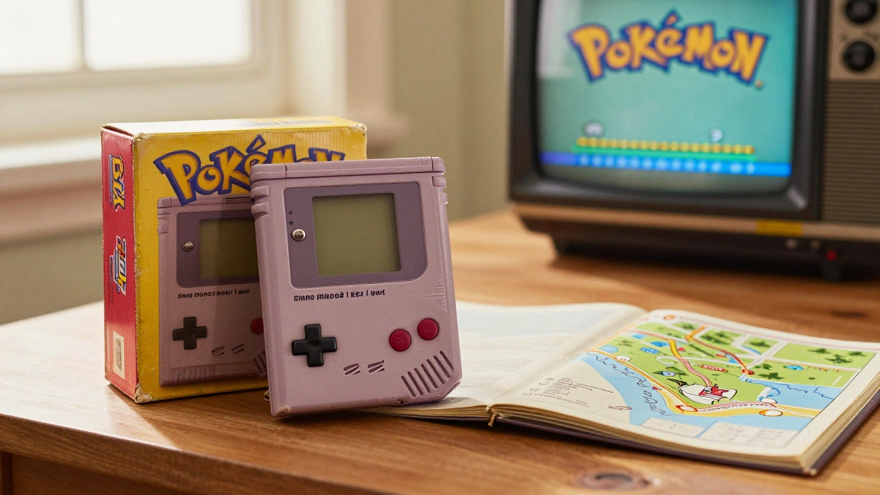A worn Pokémon Red Game Boy cartridge with original box and manual, lit by warm sunlight on a wooden desk.