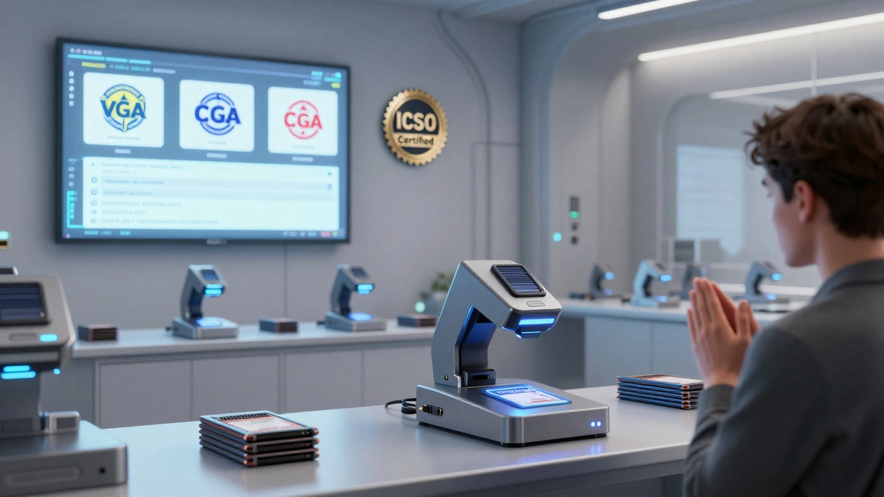 AI scanners inspecting game cartridges in a lab, with a digital blockchain ledger displaying certified grades under an ICSO seal.