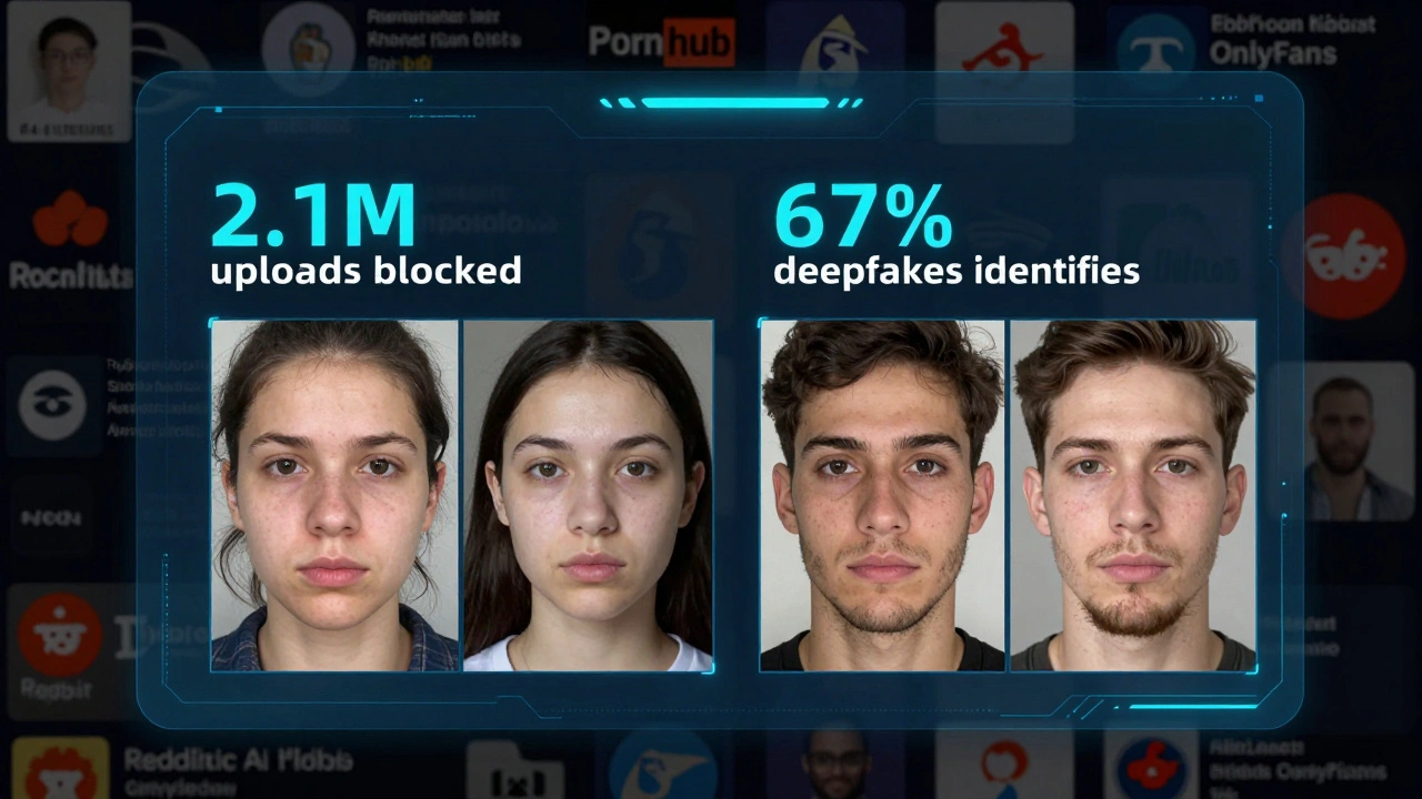 An AI detection dashboard displaying real-time analytics of blocked deepfake uploads on adult platforms, with side-by-side video comparisons.
