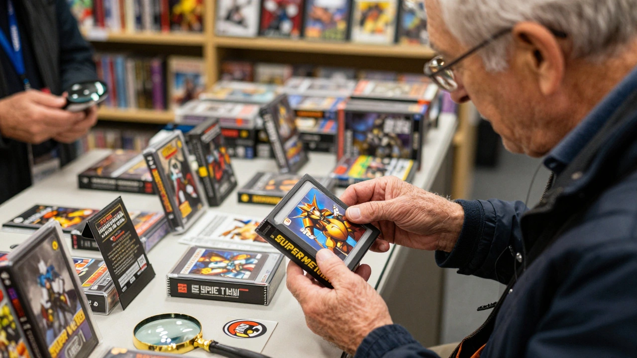 An elderly collector opening a Super Metroid box at a retro game expo, surrounded by others examining vintage games.