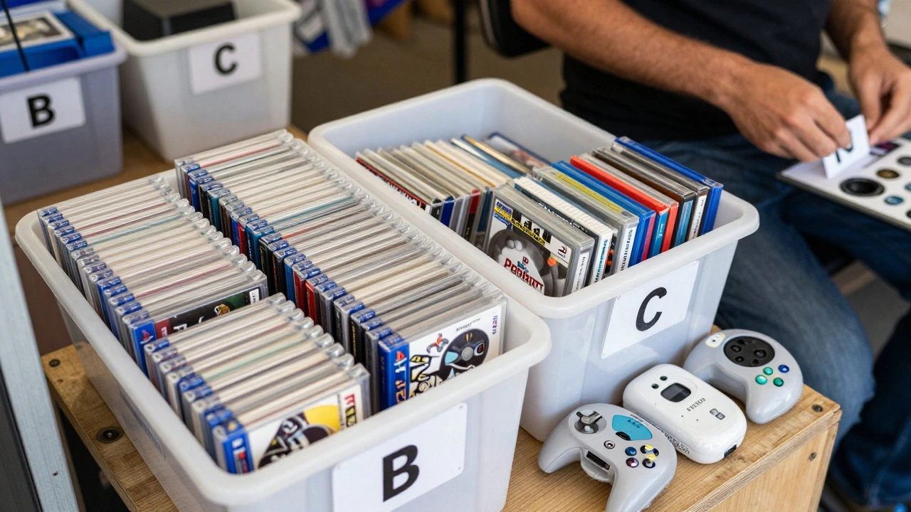 An organized retro game booth with labeled bins showing high-demand, steady, and low-demand items for sale.