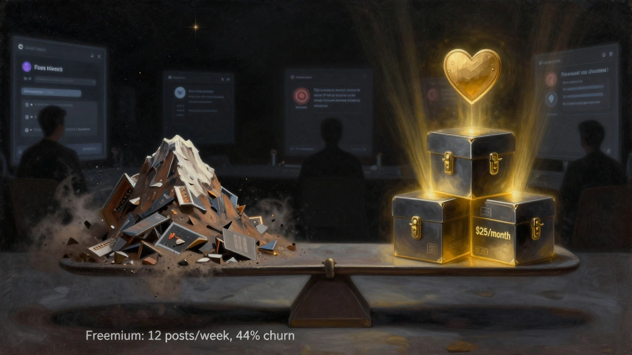 Balance scale with crumbling free clips versus three glowing locked boxes labeled /month, golden light emanating from them.