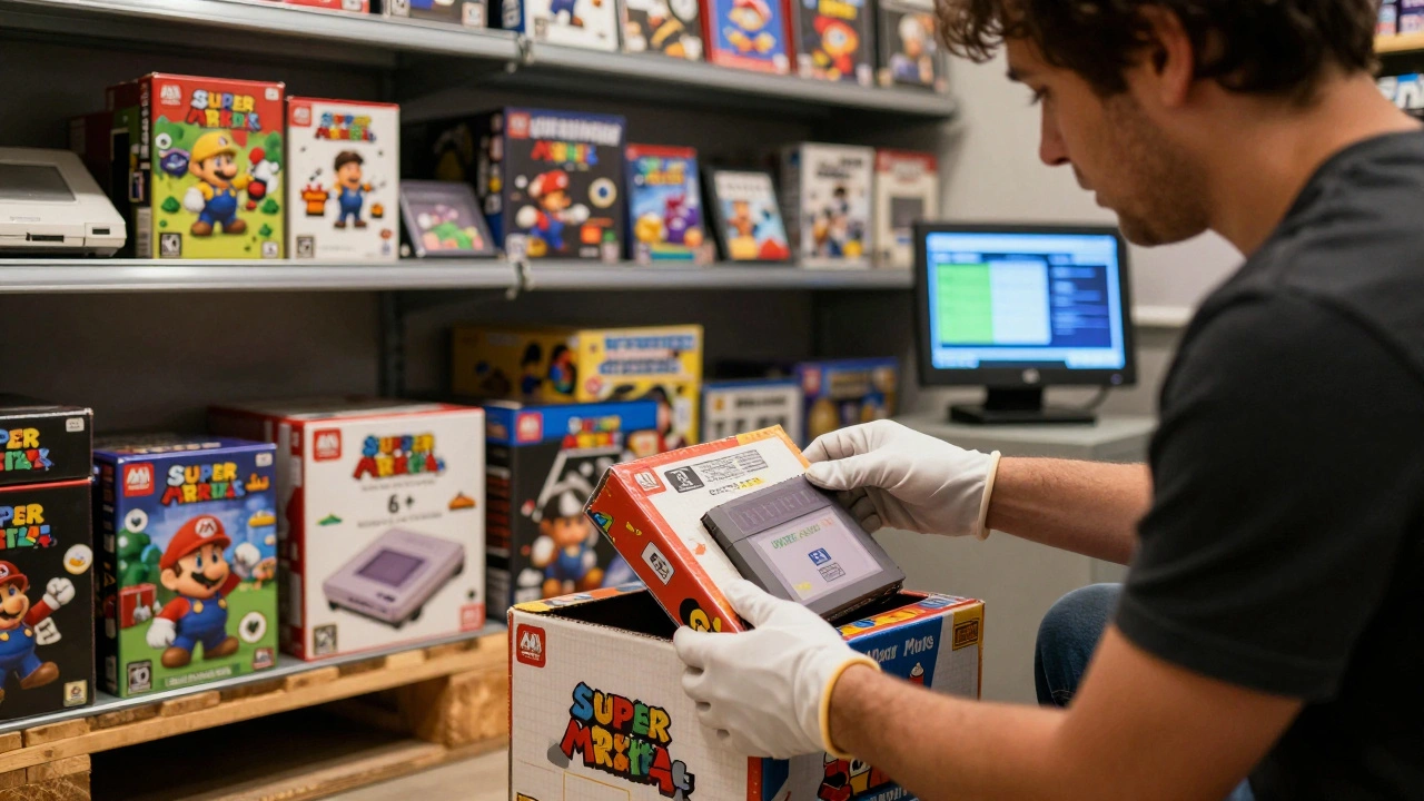 Collector carefully opening a sealed Super Mario 64 box in climate-controlled storage, shelves of labeled games behind, digital monitor displaying humidity and temperature data.