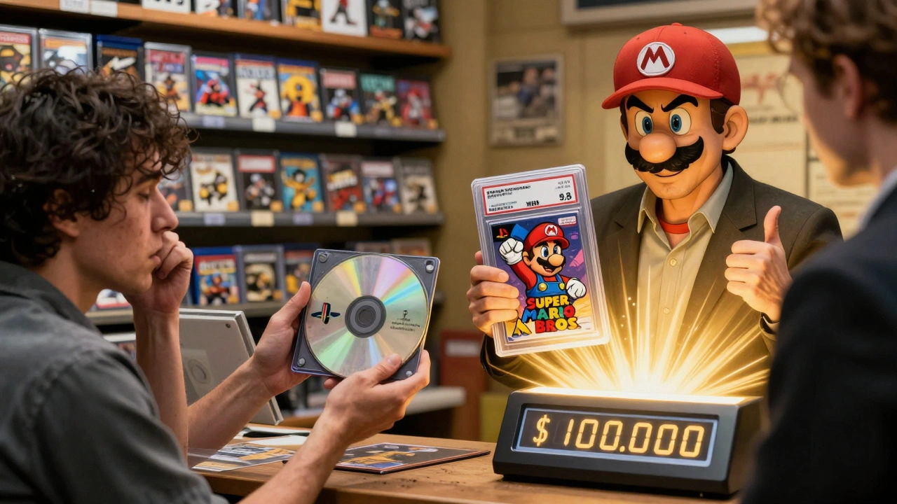 Comic-style contrast: one seller gets  for a worn game, another presents a graded sealed game worth 0,000 at an auction.