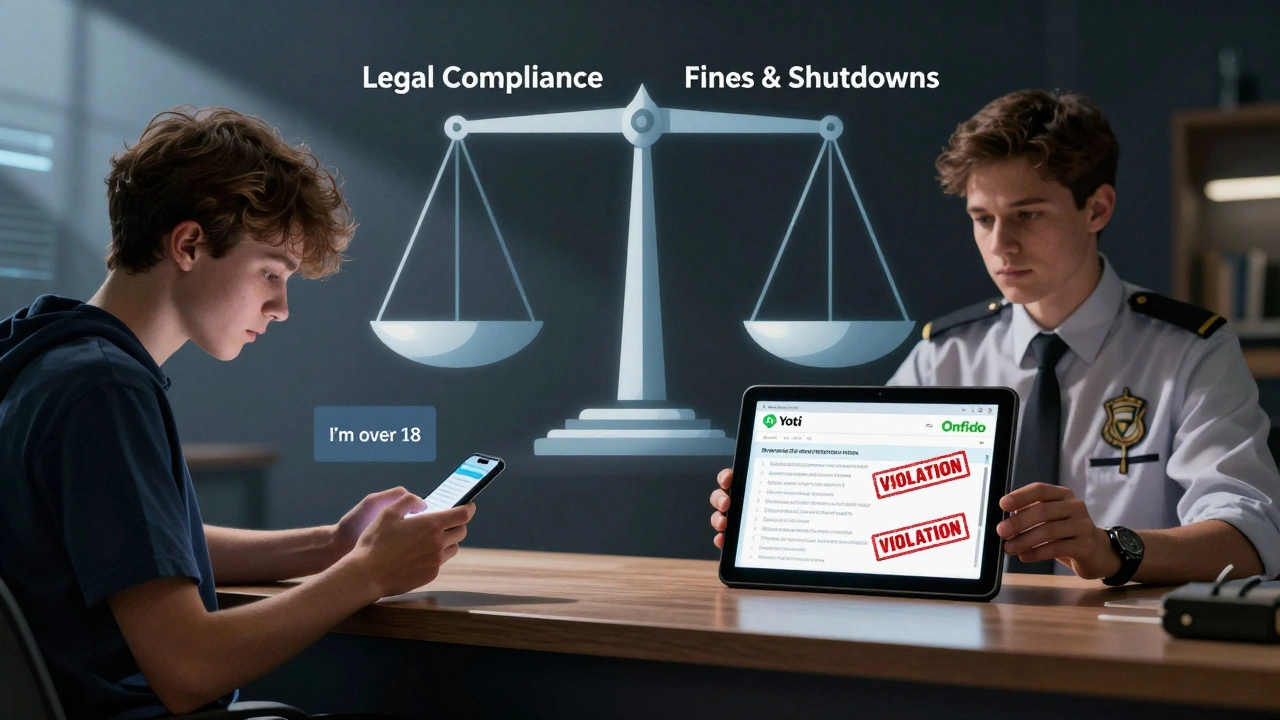 Contrast between underage user bypassing age check and regulator enforcing compliance.