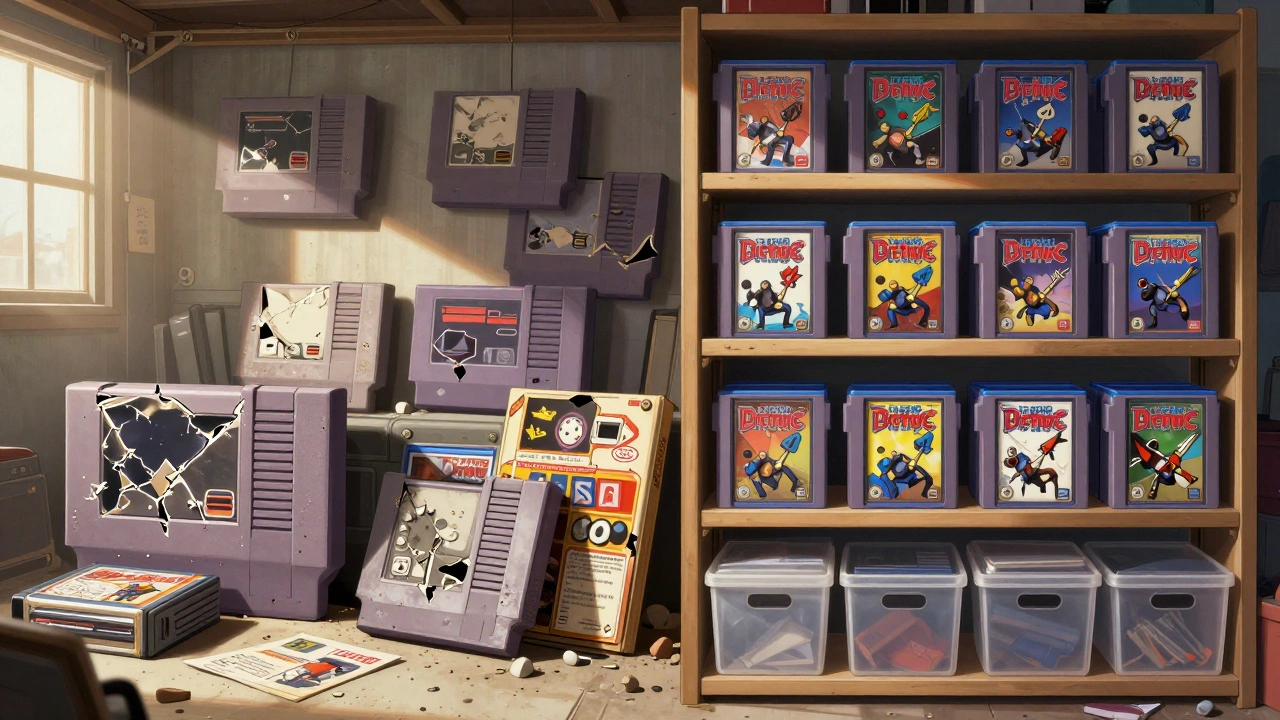 Contrasting sides: left shows moldy, cracked retro games in a dusty garage; right shows pristine games in climate-controlled storage with sealed bins and soft lighting.
