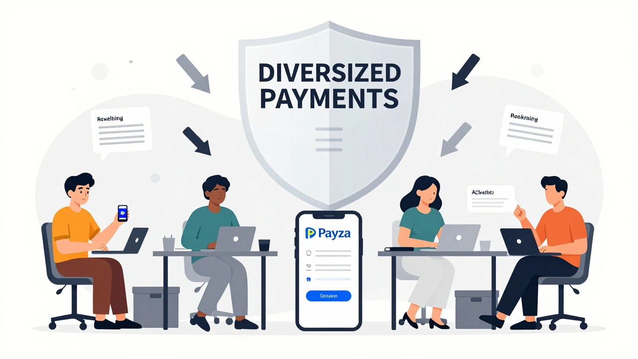 Diverse creators using different payment methods under a protective shield labeled 'Diversified Payments' against chargeback threats.
