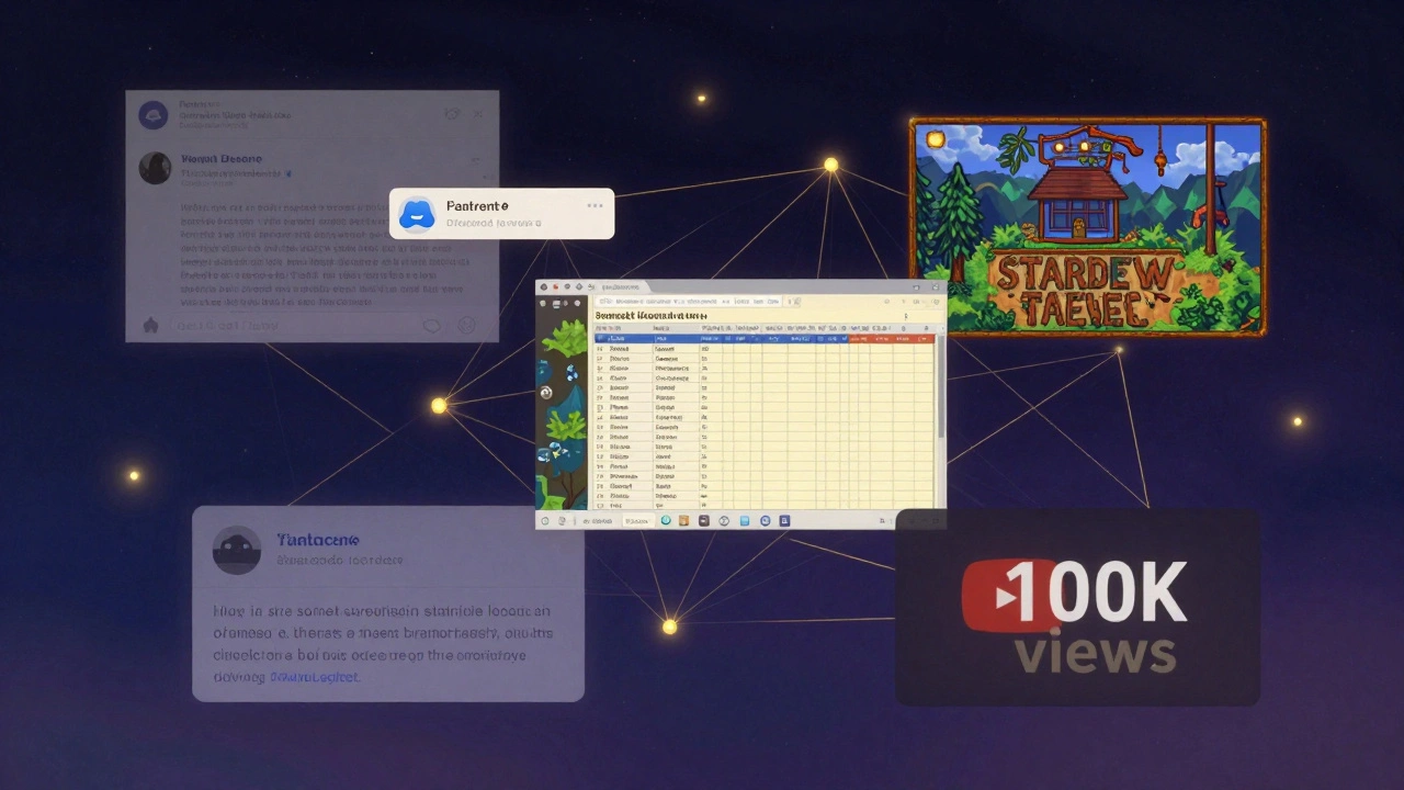 Floating digital fragments like forum posts and spreadsheets connected by golden threads in a starry void, symbolizing preserved community knowledge.