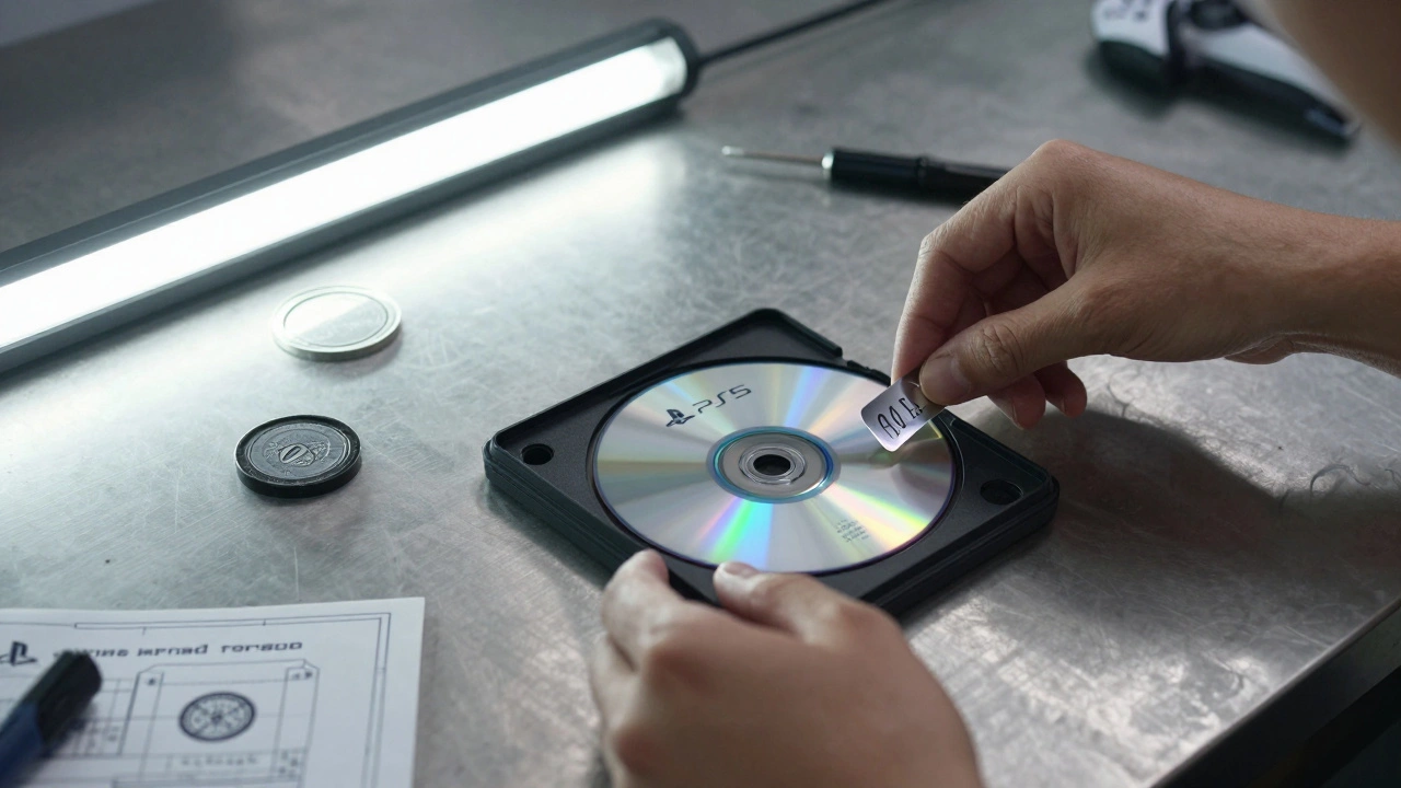 Hands assembling a limited-edition PS5 cartridge in a precision workshop with certification stamps nearby.