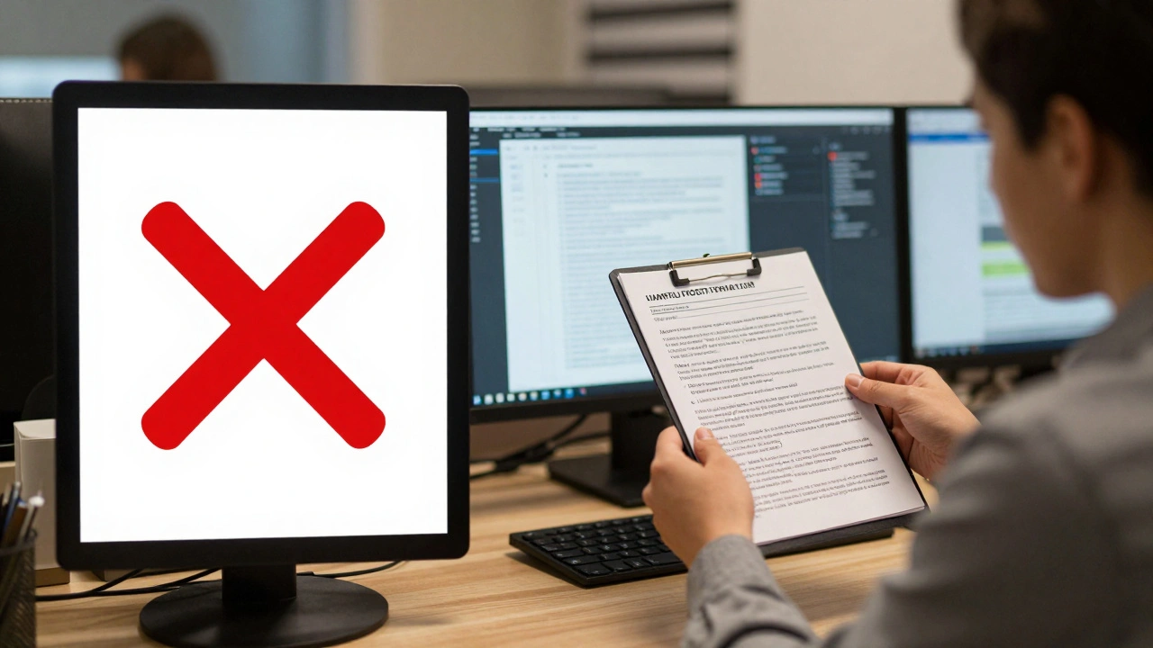 Moderator reviewing flagged content with a detailed guideline rubric on screen in a quiet, professional workspace.