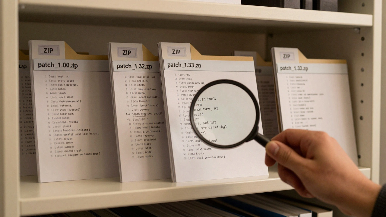 Organized digital archive with labeled patch ZIP files and translation notes in .txt and .csv formats on a desktop shelf.