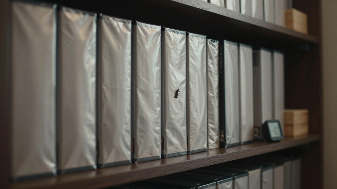 PC game boxes stored vertically in Mylar sleeves on a climate-controlled shelf with humidity monitor and cedar blocks.