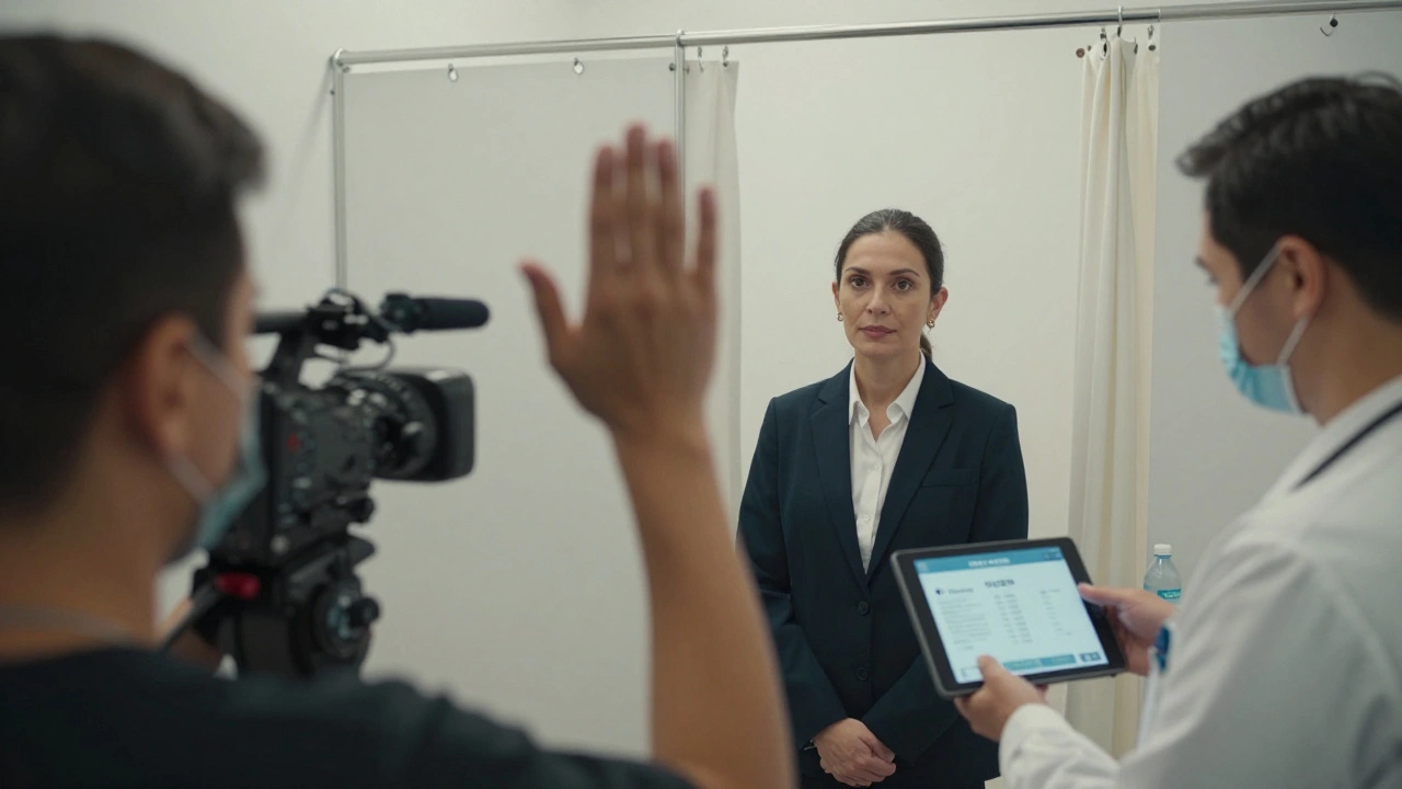 Performer signaling to stop filming while a technician verifies STI test results on a tablet.