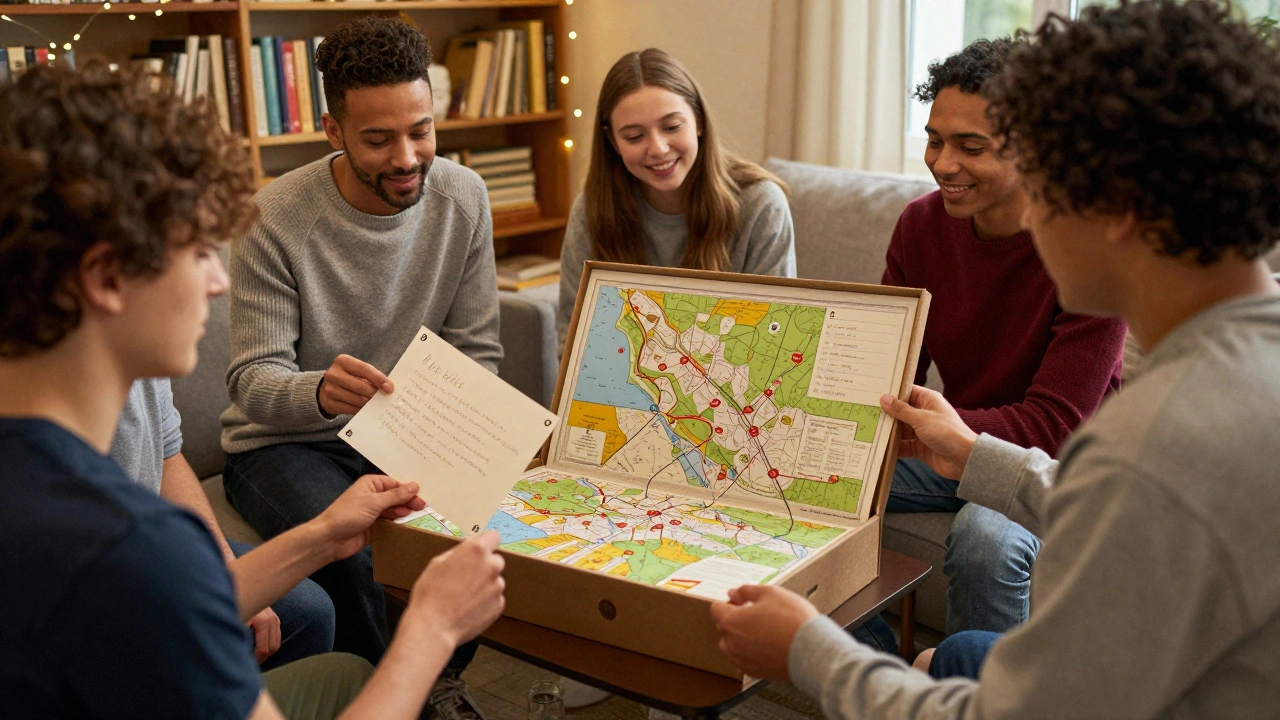 Players excitedly opening a boutique-published boxed game with a fold-out map and handwritten note.