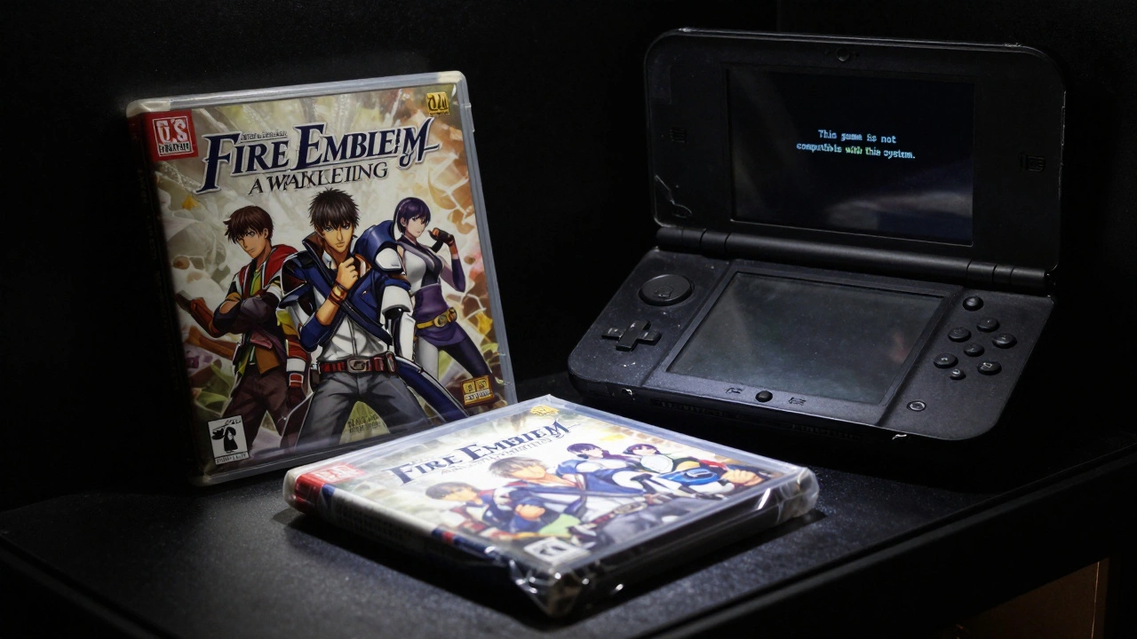 Sealed Japanese Fire Emblem: Awakening game in a display case, with a broken 3DS console showing an incompatibility error.