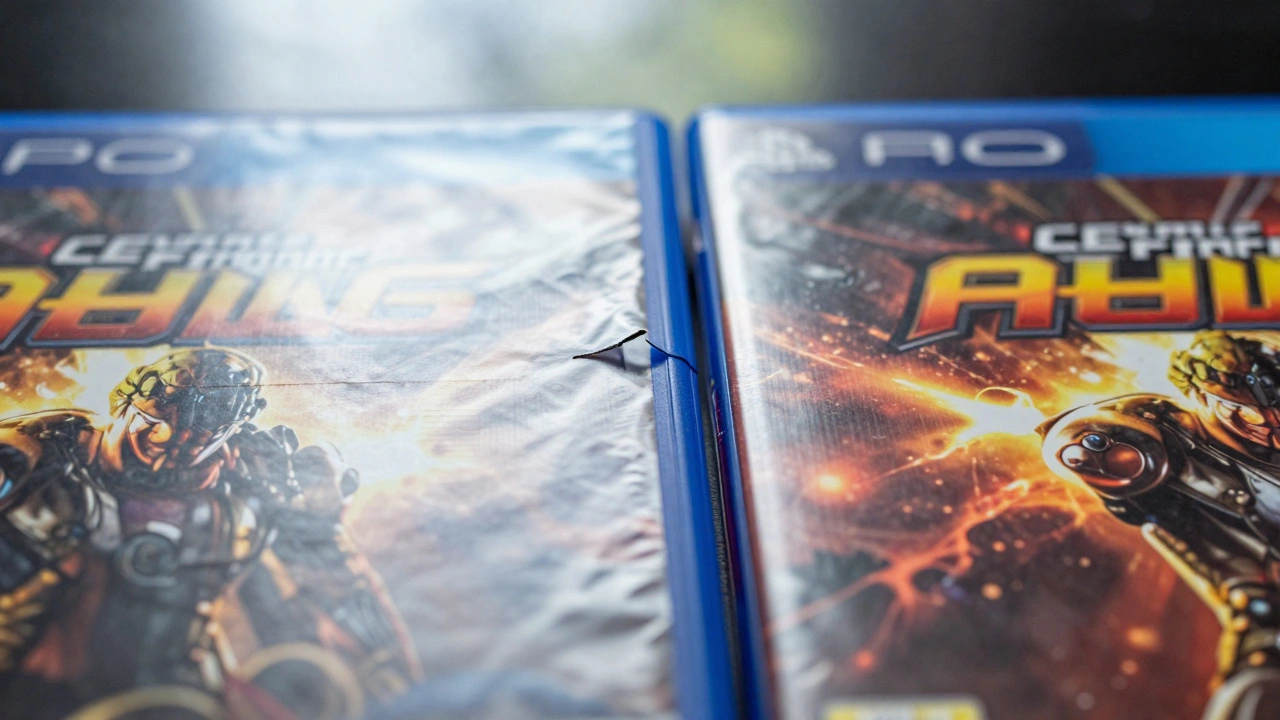 Side-by-side comparison of a damaged versus pristine sealed PC game box, highlighting subtle wear differences.