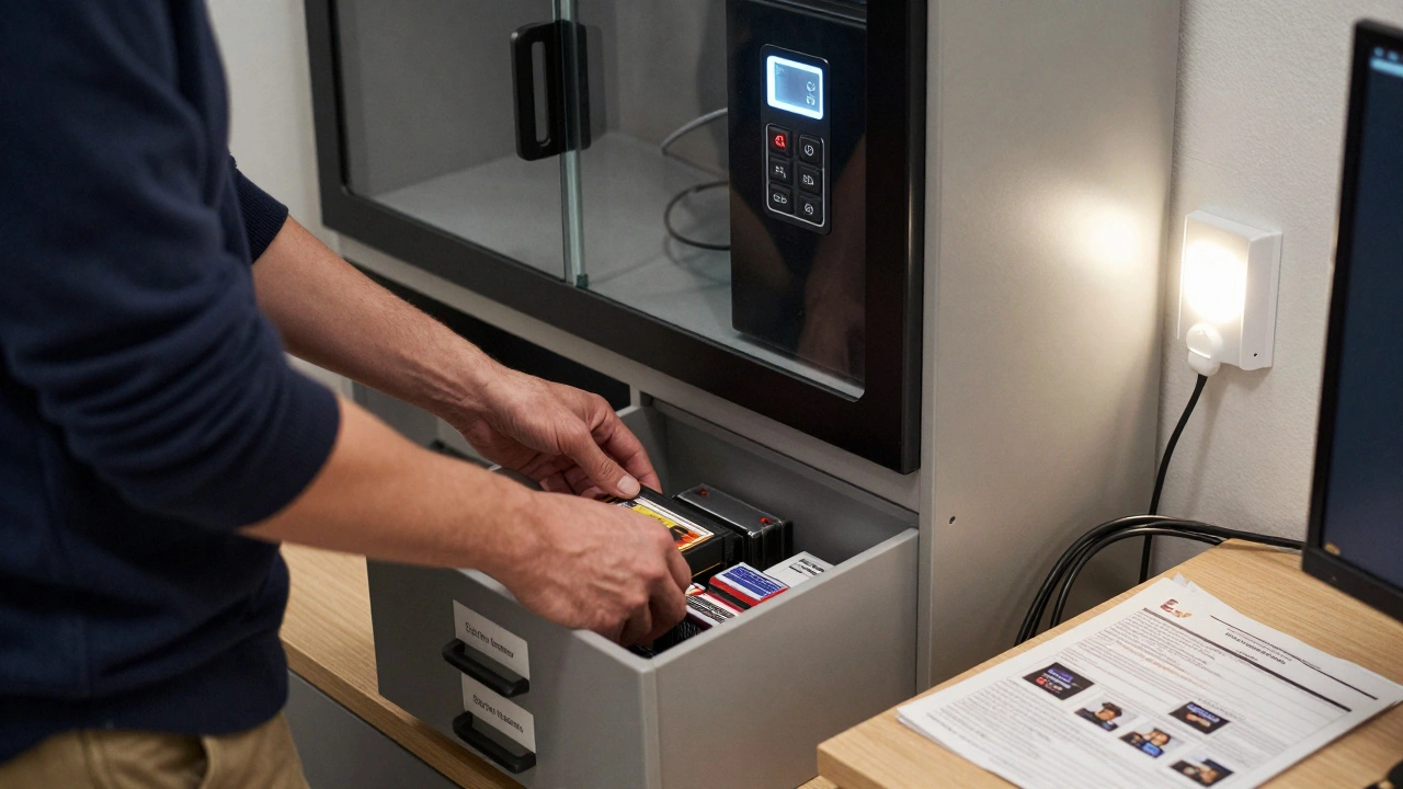 Someone organizing games in labeled drawers while a biometric-locked display case and hallway motion light emphasize security and order.