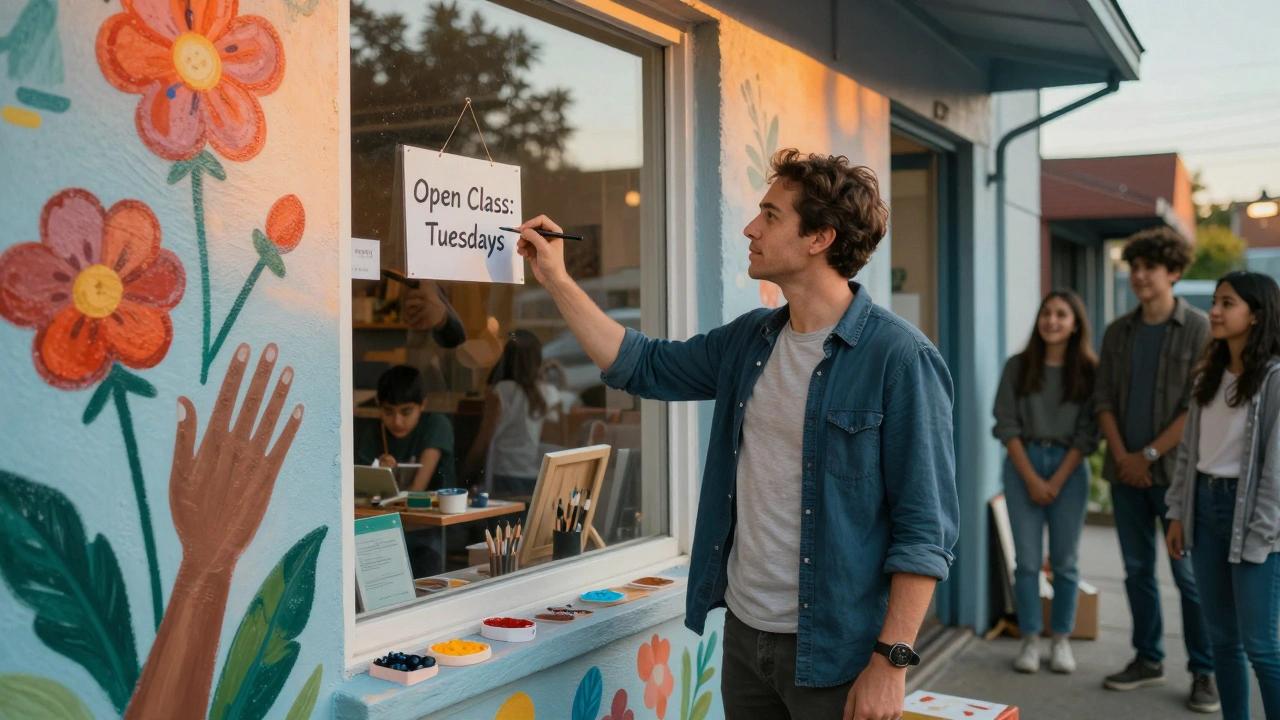 Someone paints a colorful mural outside a studio while teens watch, morning light glowing on the scene.