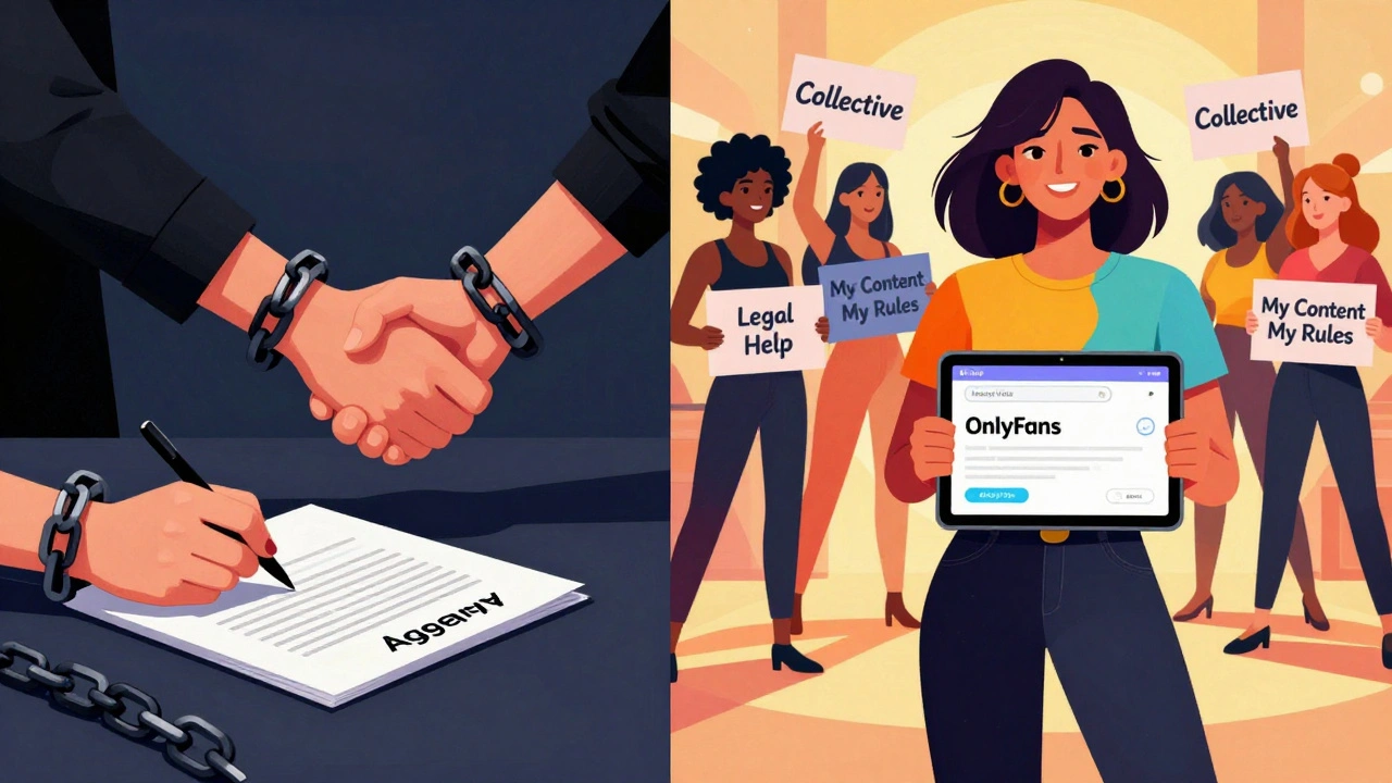 Split image: performer trapped by chains vs. empowered with independent platforms and supportive peers.