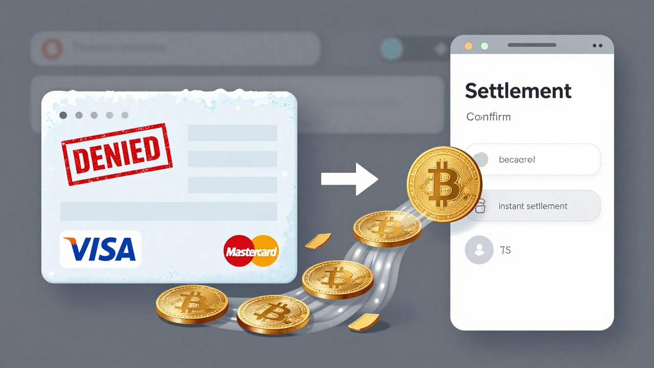 Split-screen: frozen bank account on left, crypto payments flowing to USD on right, symbolizing secure payment alternatives.