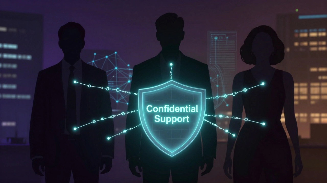 Three diverse performers connected by encrypted threads of light leading to a confidentiality shield.