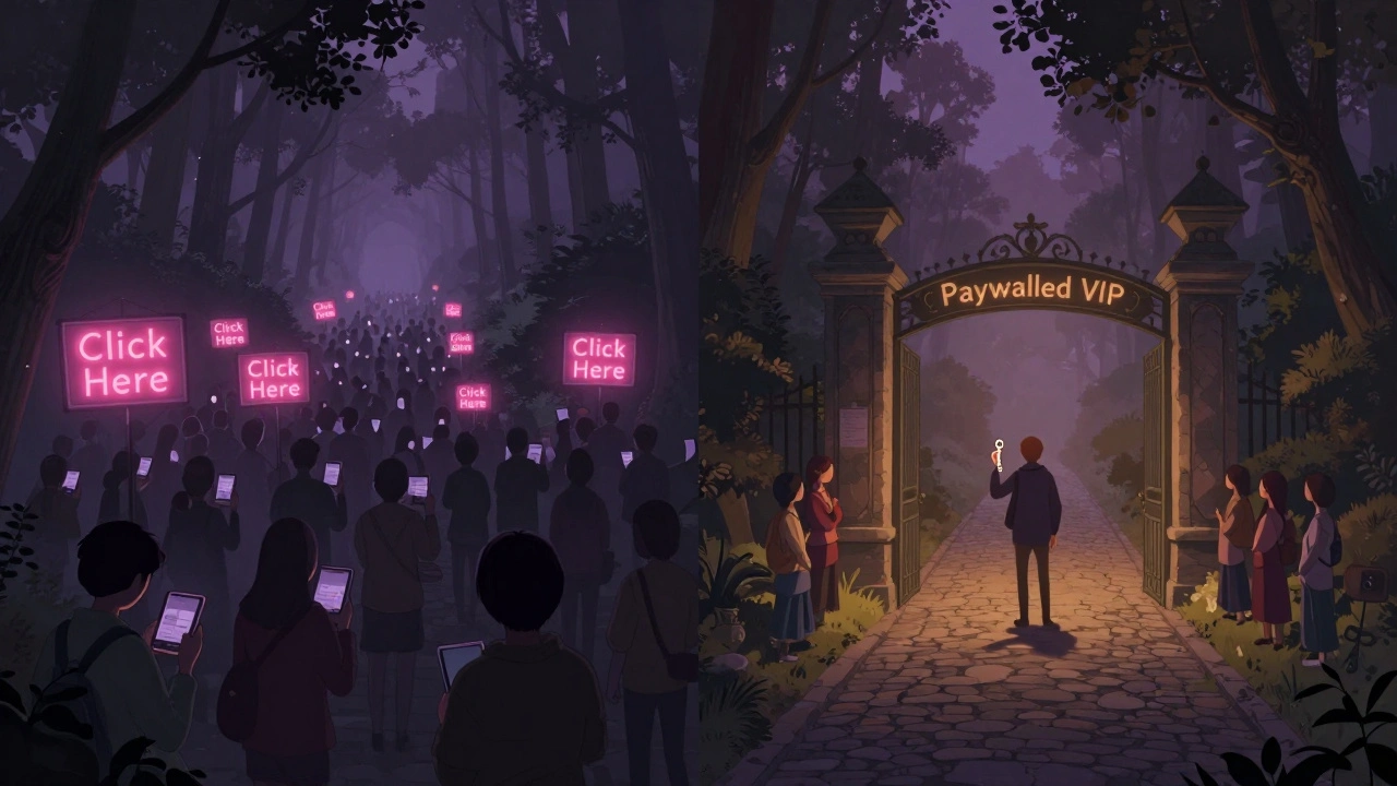 Two paths in a forest: chaotic free-content trail versus quiet paywalled path with loyal fans waiting at a gate under twilight sky.