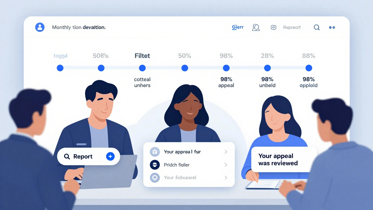 Users engaging with platform safety features: reporting, filtering, and receiving appeal notifications in a calm digital environment.