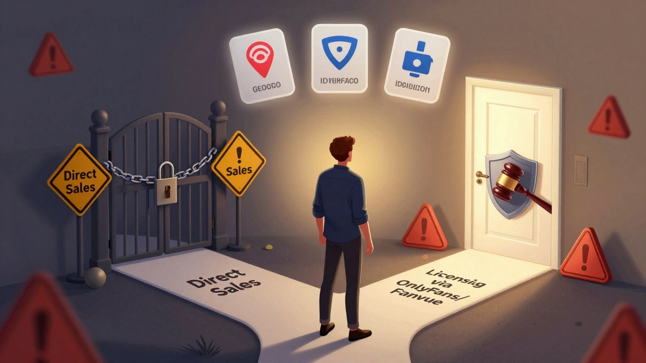 A creator choosing between risky direct sales and compliant licensing paths with visual symbols of legal protection.