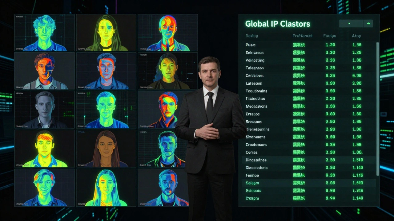 A digital interface showing AI training with heatmaps and global device fingerprinting data.