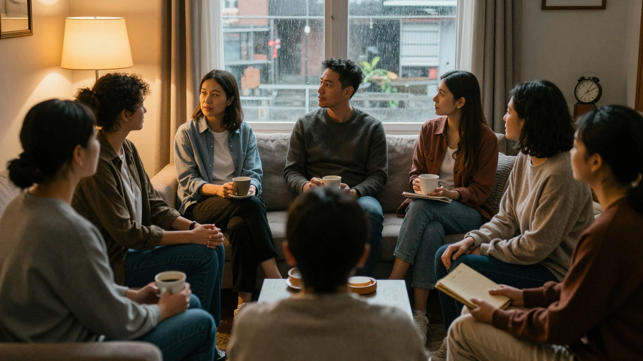 A group of adult performers sitting together in silent solidarity, sharing a calm, supportive space.