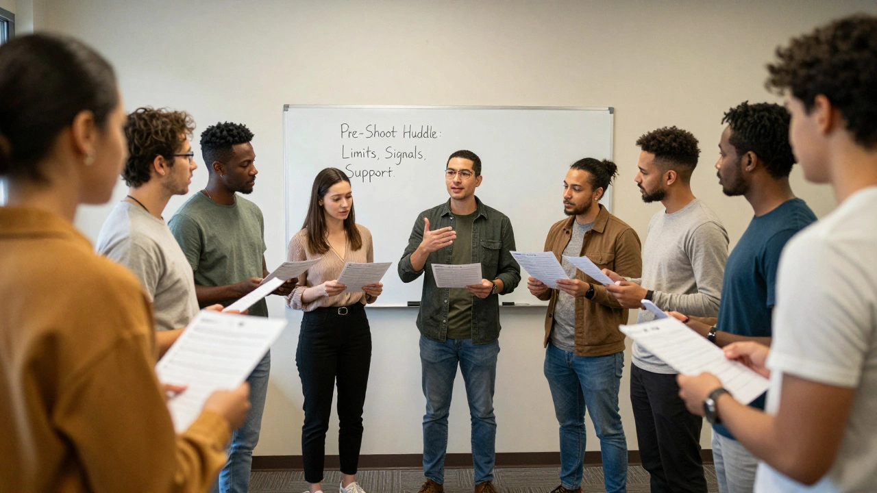 A group of performers gather in a room, holding checklists, as a whiteboard behind them reads 'Pre-Shoot Huddle'.