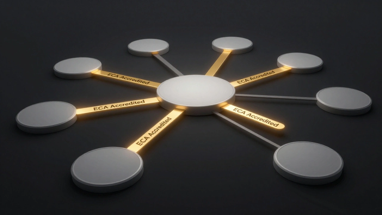 A network of platforms with only a few connected by golden verified paths, representing ethical accreditation.