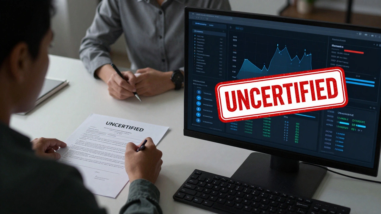A person signing consent with a counselor on one side, while uncertified content is flagged on a dark dashboard.