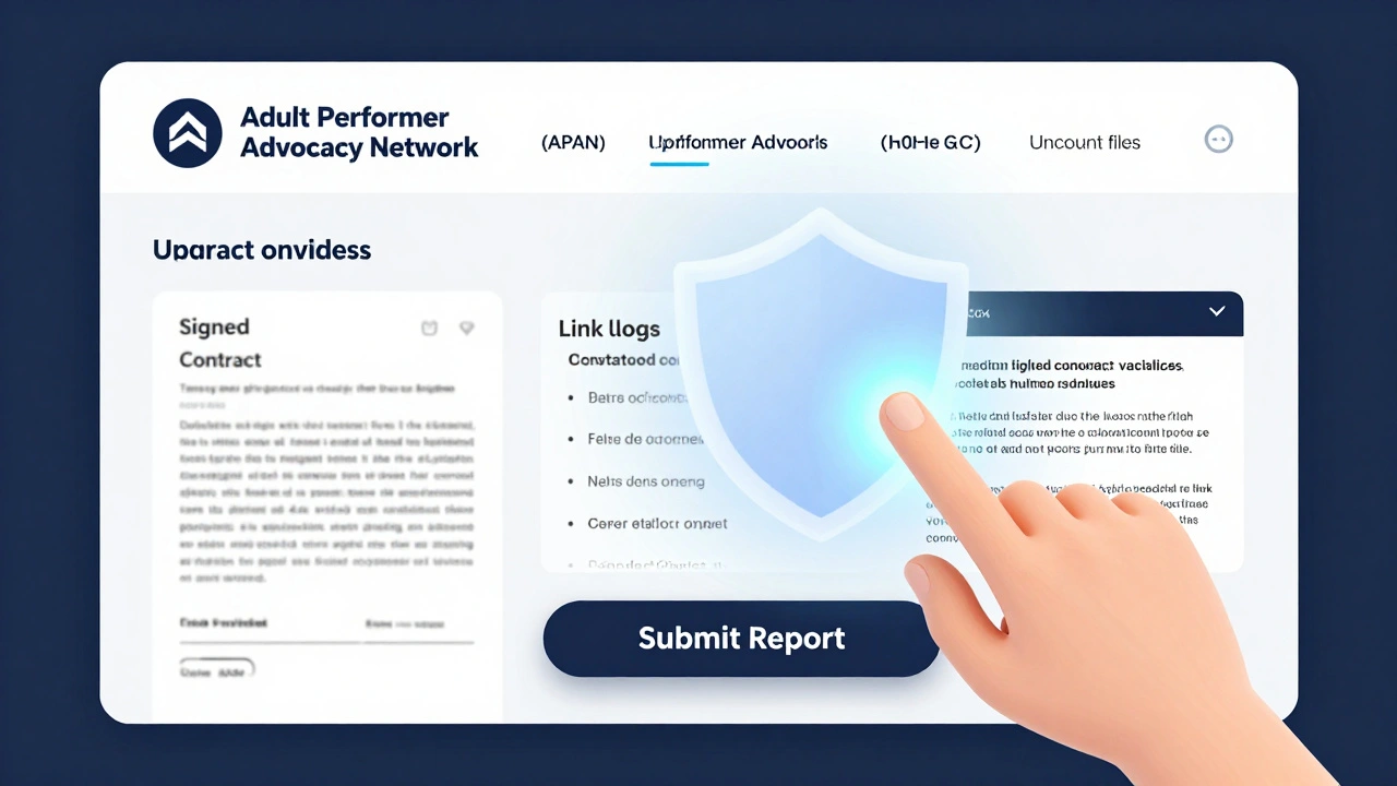 A secure online portal for reporting contract violations, with uploaded evidence and a submission button.