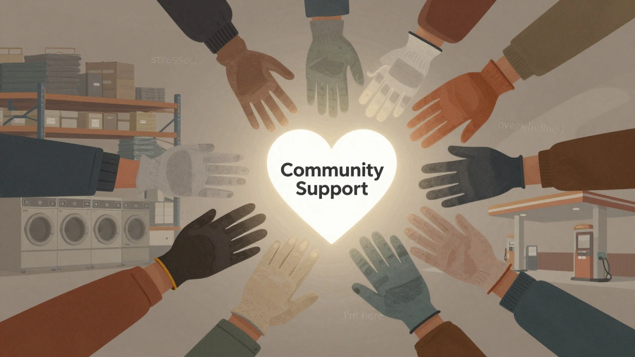 A symbolic network of hands from workplaces reaching toward community mental health support.