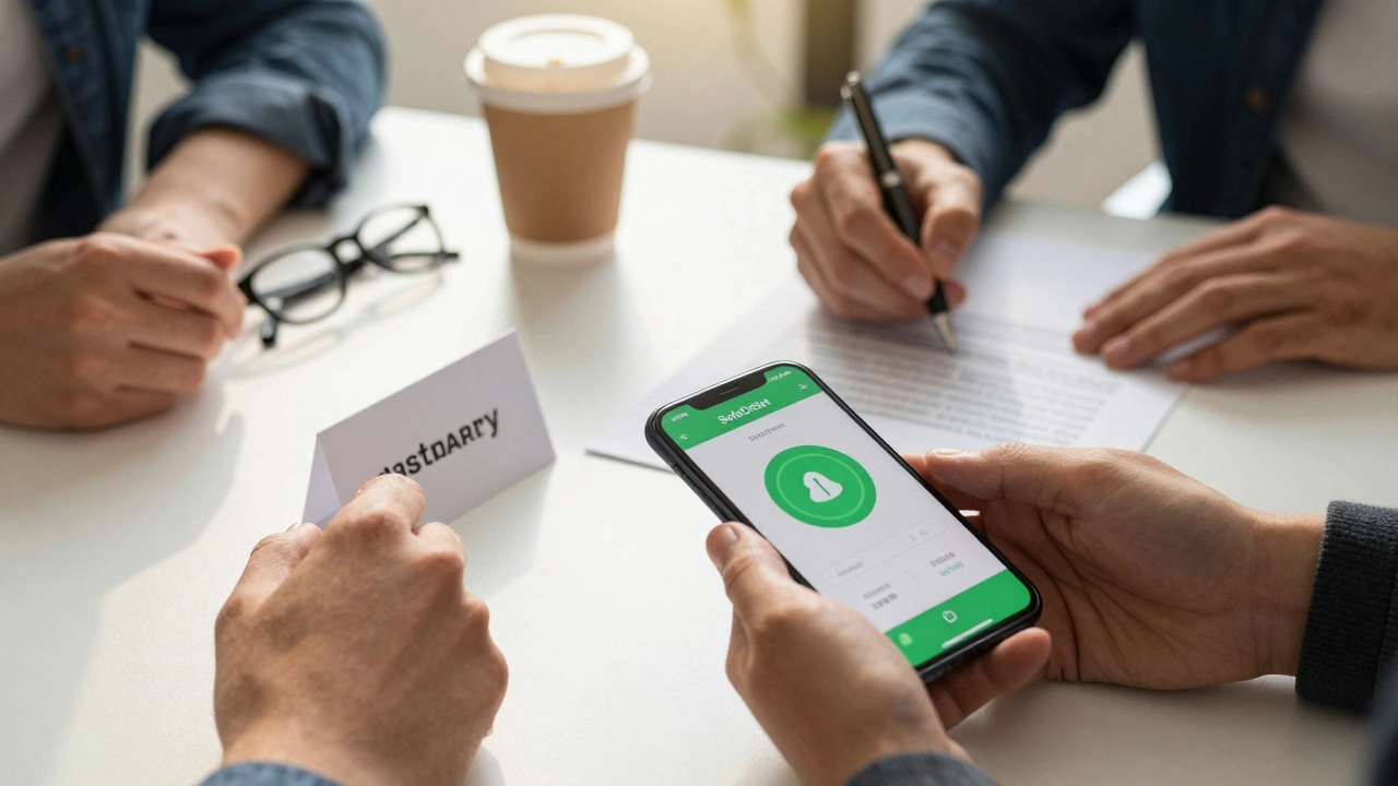 A table with a smartphone showing a safety app, a boundary card, and a signed contract under morning light.
