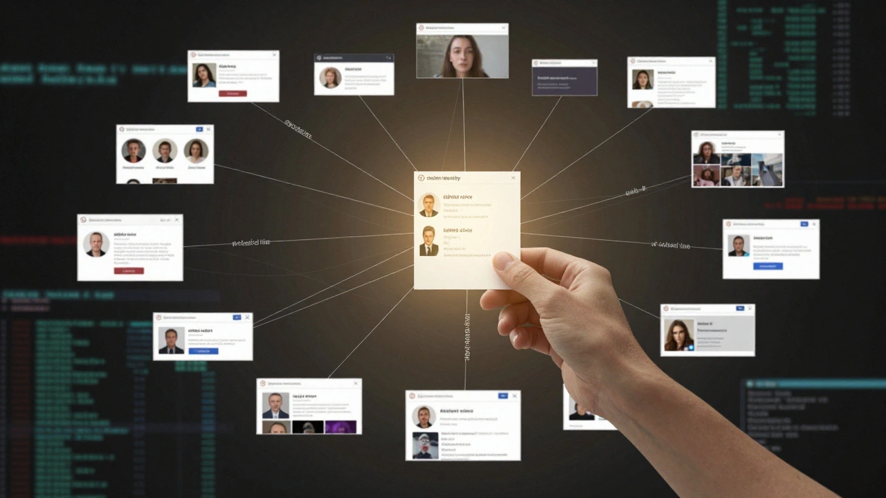 A web of interconnected threads linking one face to dozens of fake online profiles, with a screenshot revealing evidence of exploitation.