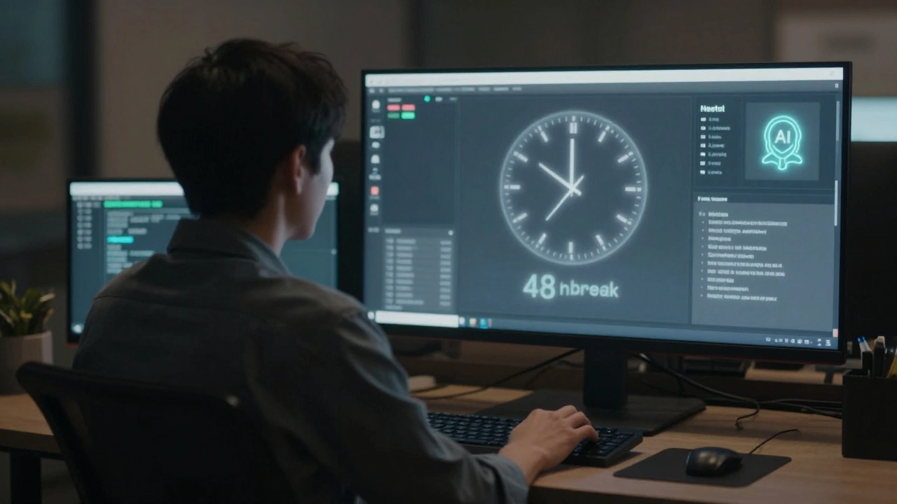Anonymized AI content moderator working in a dim room with a mental health timer visible on screen.