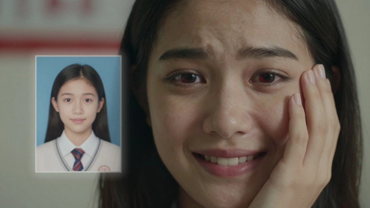 Close-up of a woman’s face in a video still, showing subtle signs of fear, overlaid with fragments of her true identity and false labels.