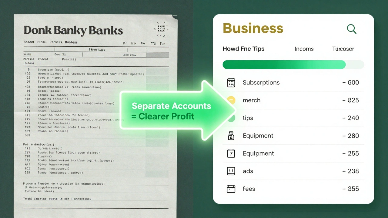 Comparison of messy personal finances versus organized business income and expenses on separate dashboards.