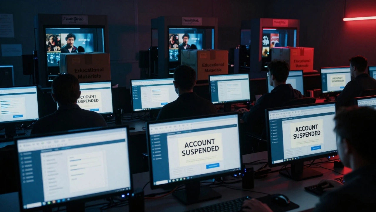 Computer screens showing payment processor alerts as shipping packages are scanned by AI customs systems.