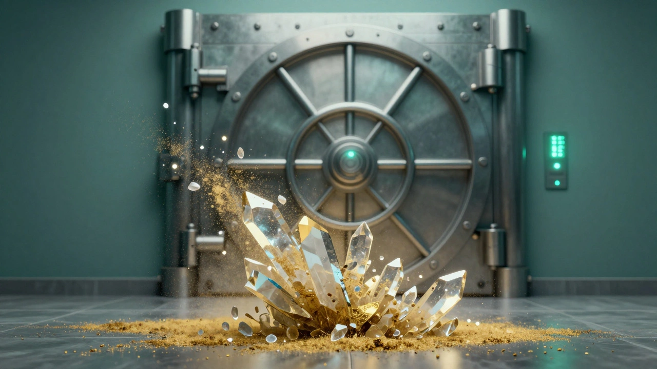 Crystals dissolving into dust near a vault illustrating data tokenization security concepts.