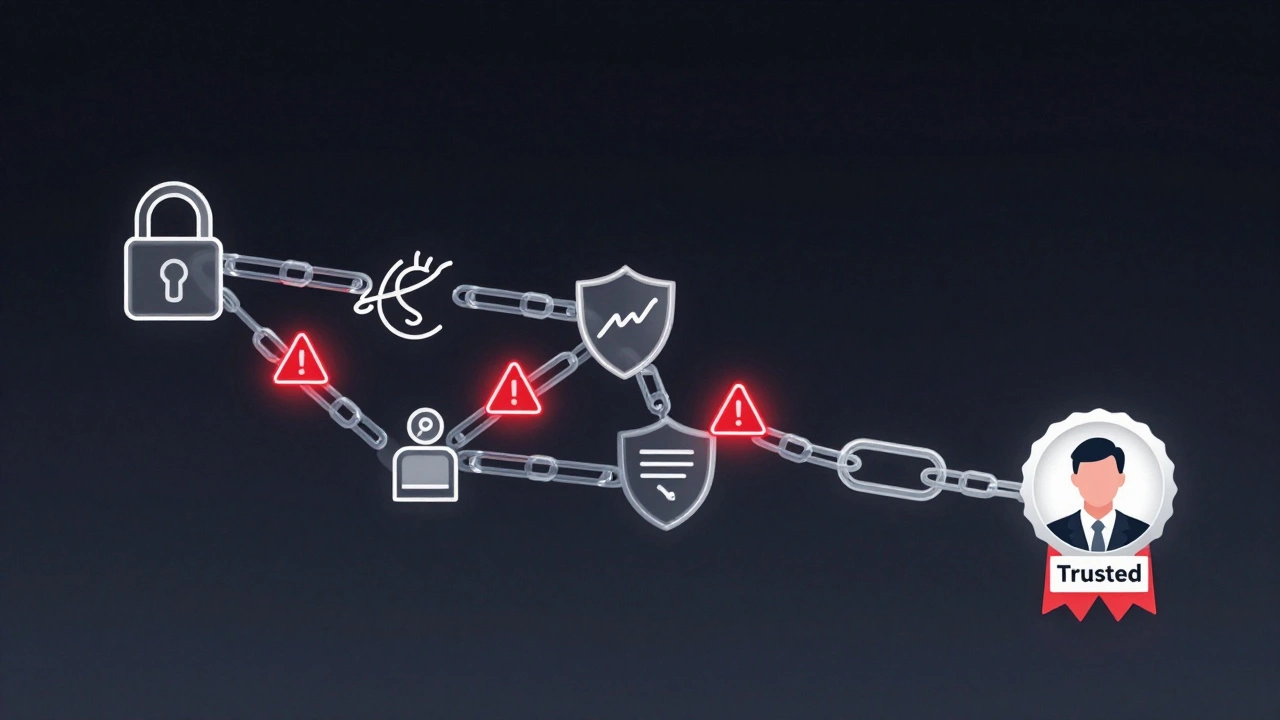 Digital chain of verified partners with warning signs breaking insecure connections to content.