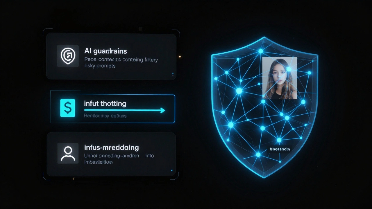 Digital guardrails visualized as glowing neural networks blocking harmful AI prompts with watermarks embedding in real time.