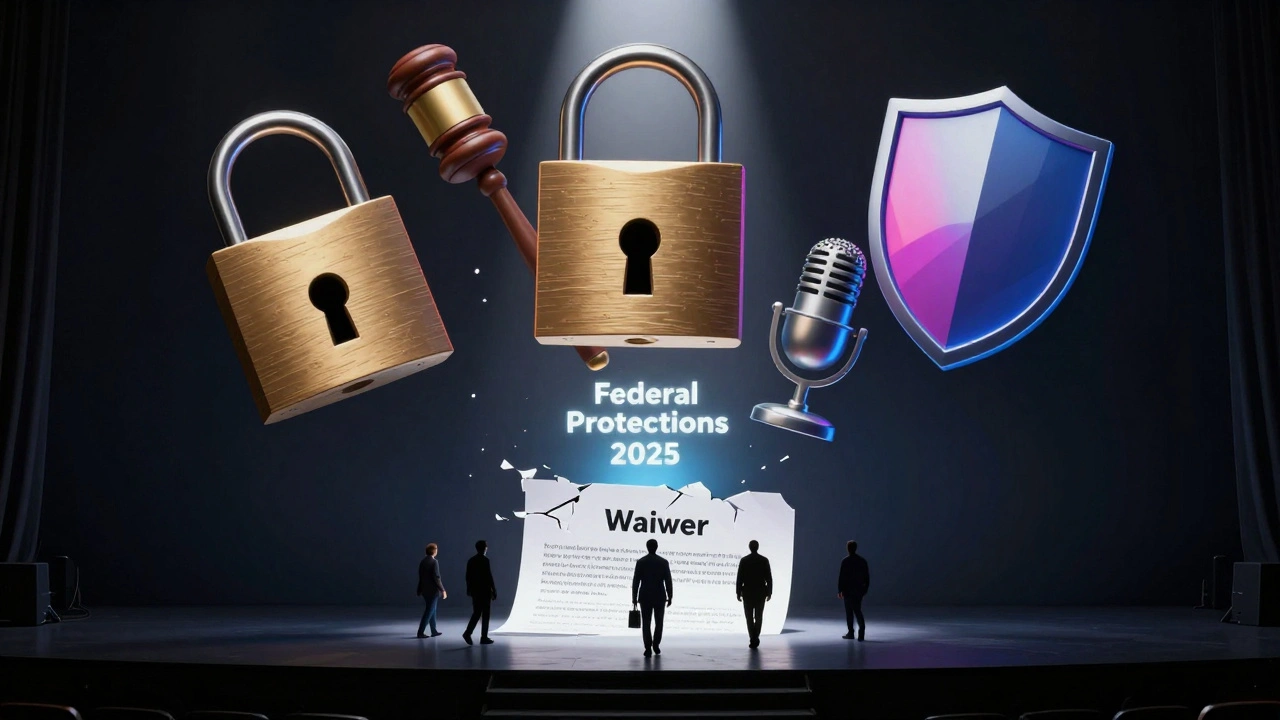 Digital icons of protection and justice rising above a shattered contract on a dark stage.