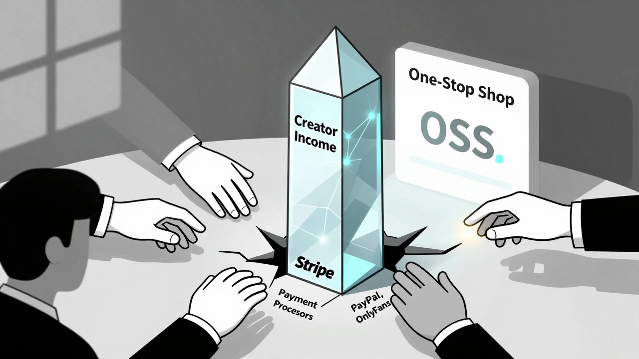 Fragile income tower supported by payment platforms, with tax authorities reaching in.