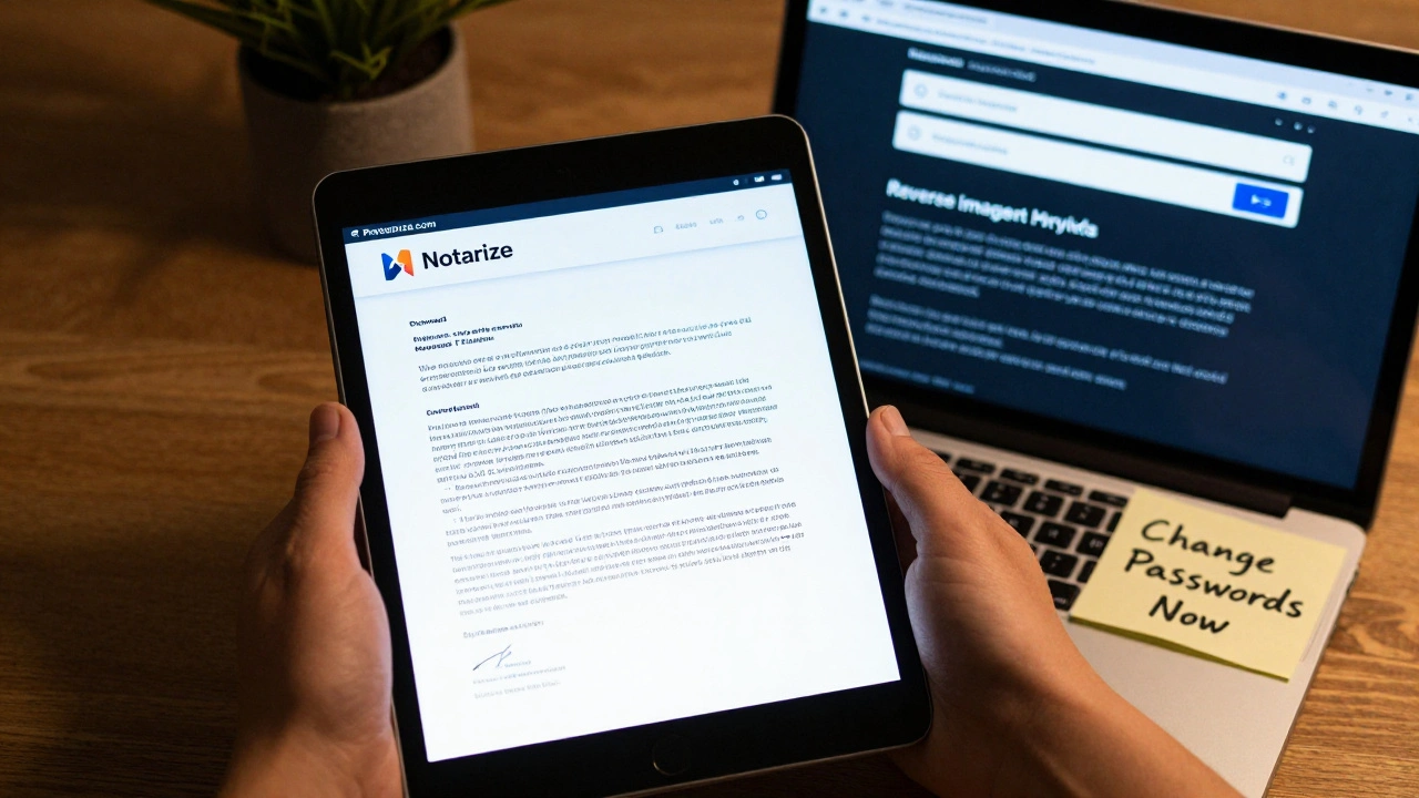 Hand holding tablet showing signed contract and encrypted email with unauthorized content detection.